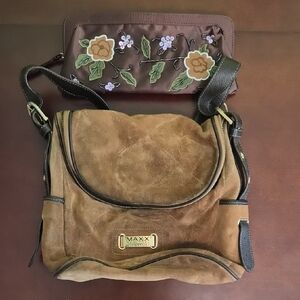 Maxx New York Tan and Brown Suede Shoulder Bag Set. Free Clutch Included!